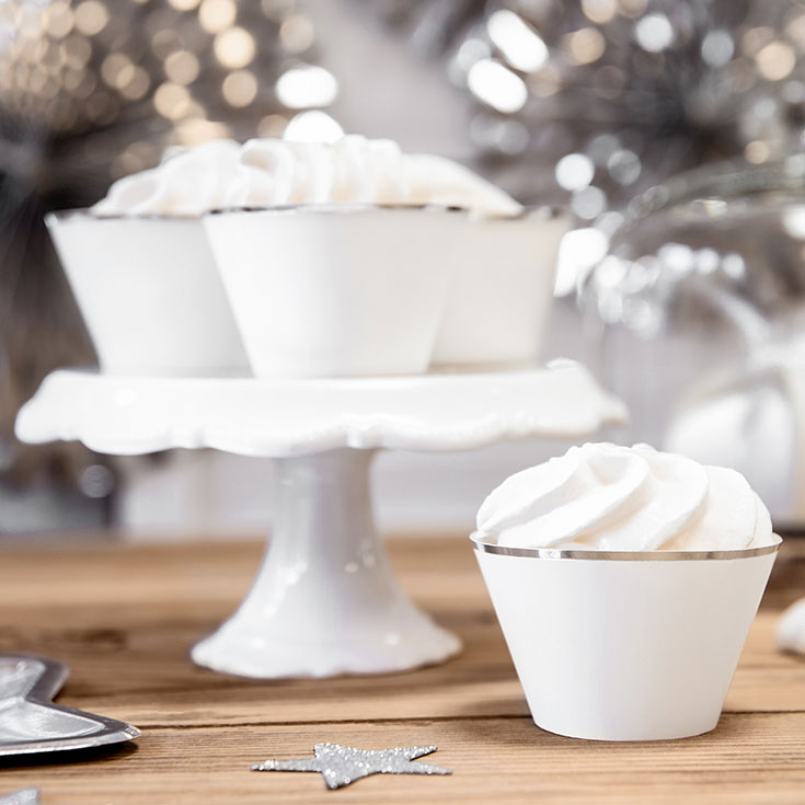  Cupcake Wrappers - White & Silver