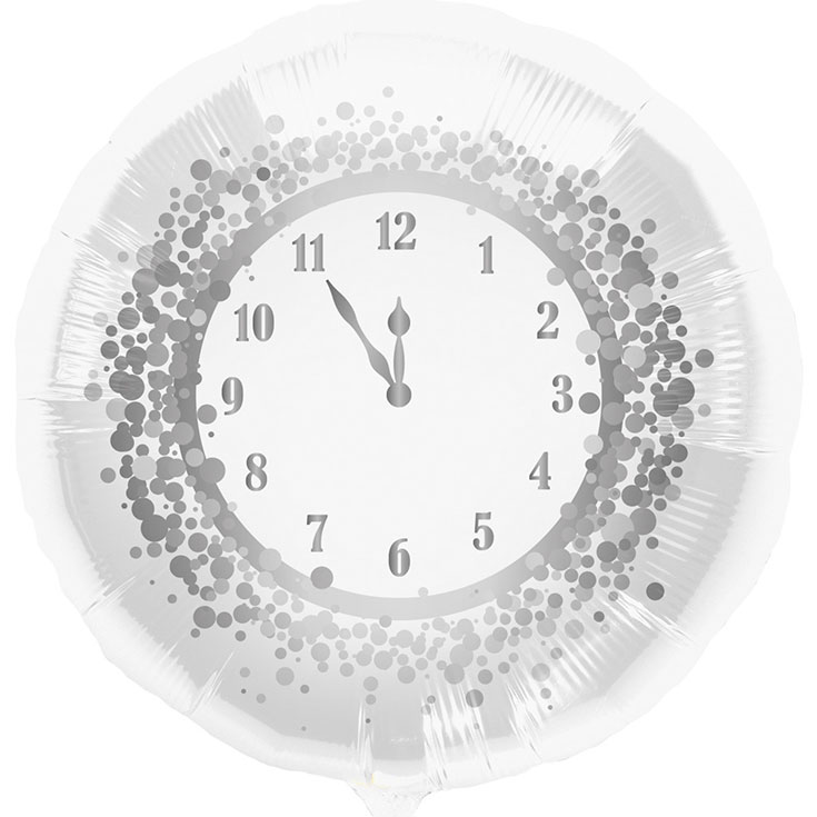 Foil Balloon - White & Silver Midnight Clock 