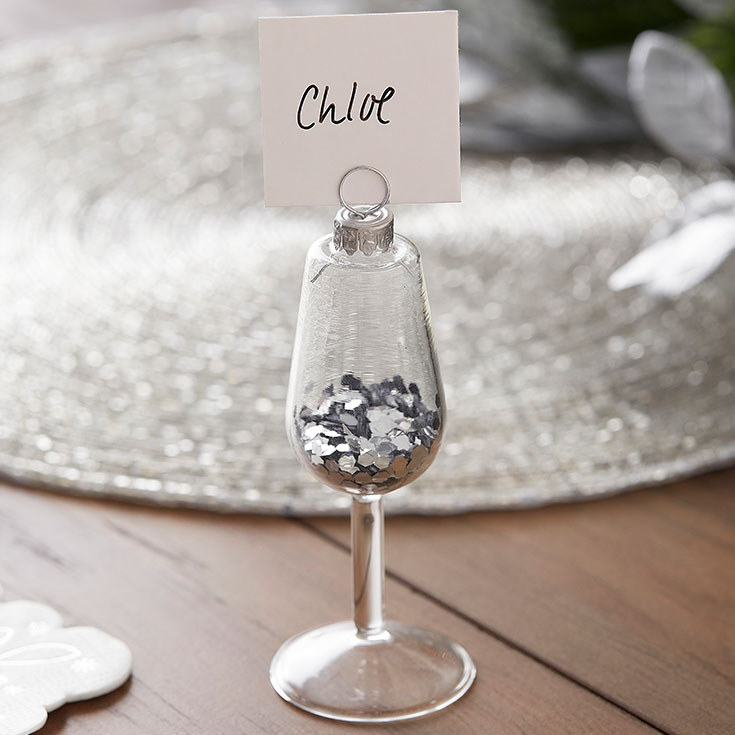 4 Silver Glitter Wine Glass Place Card Holders