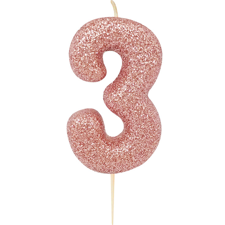 Number Candle 3 - Rose Gold Glitter
