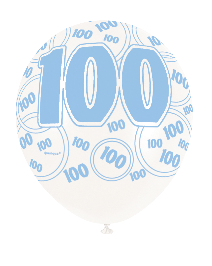 6 Blue Glitz Age '100' Balloons