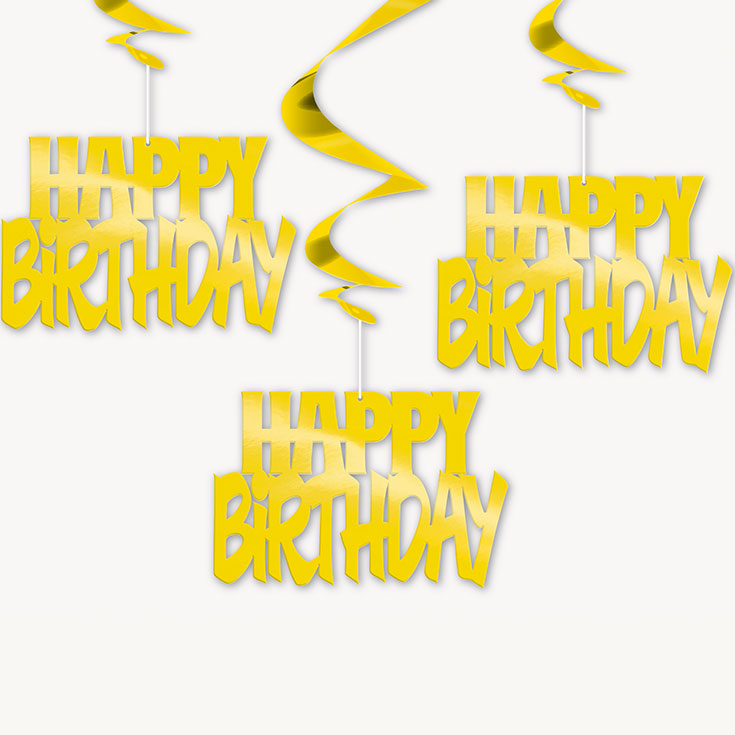 3 goldene Spiralhänger Happy Birthday
