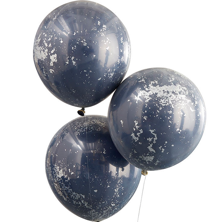 3 Double Layered Navy & Silver Confetti Balloons 