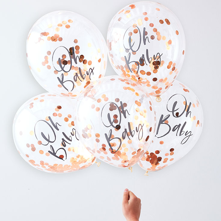 5 Rose Gold "Oh Baby" Confetti Balloons