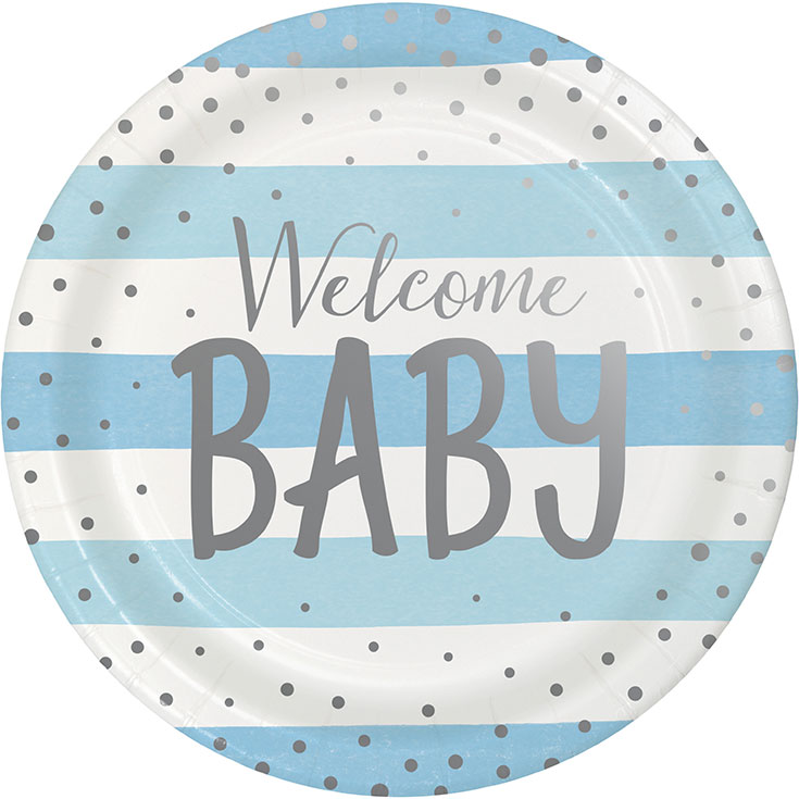 8 blaue Teller Welcome Baby 