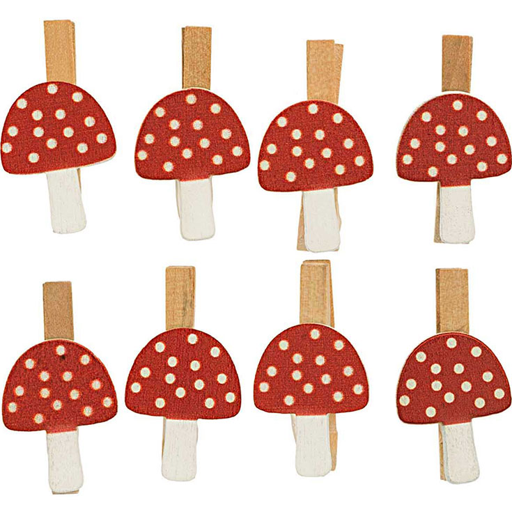 8 Wooden Toadstool Clips