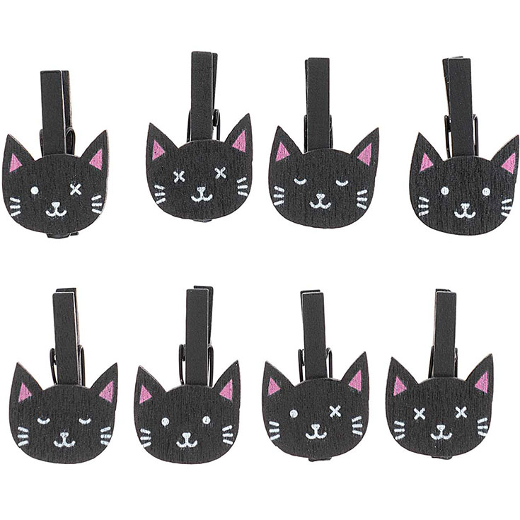 8 Holzklammern Schwarze Katze