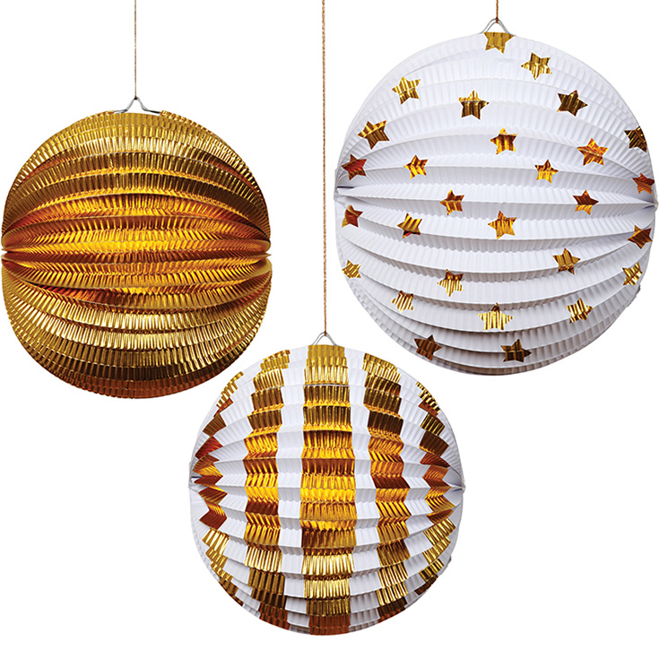3 Gold Globe Foil Lanterns 