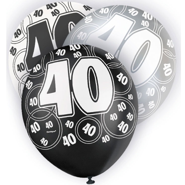 6 Black Glitz Age '40' Balloons