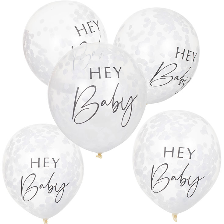 5 weiße Konfetti Ballons Hey Baby