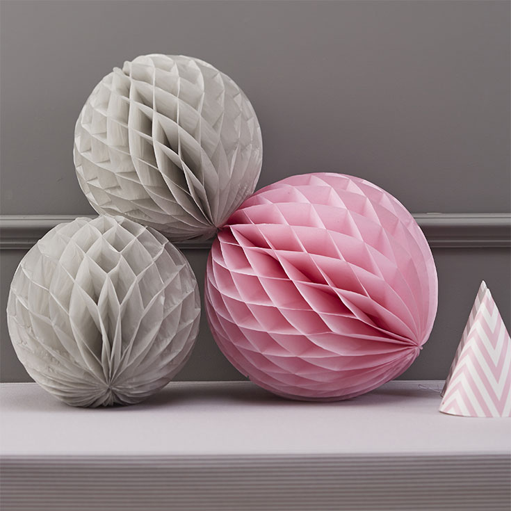 3 Grey & Pink Honeycomb Balls 