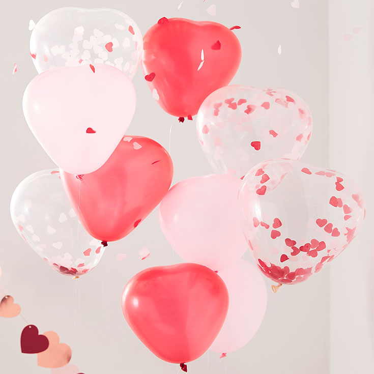 10 Heart Shaped Pink, Red & Confetti Balloons