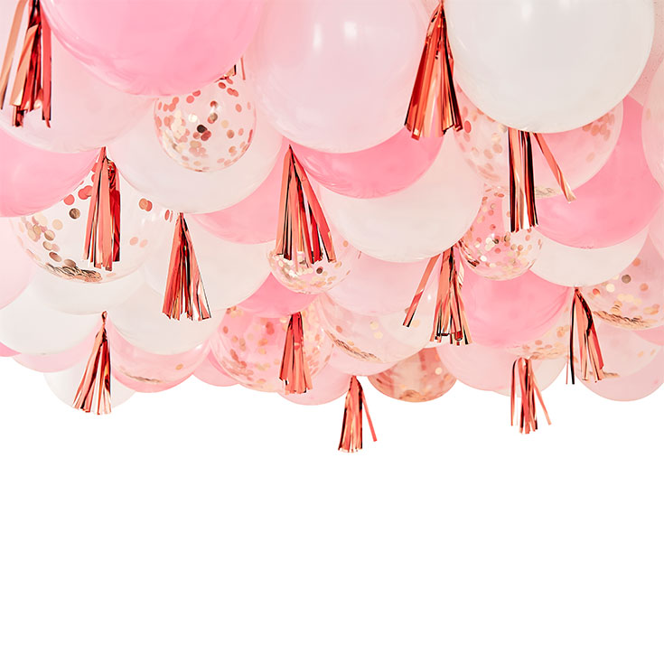 Blush, White & Rose Gold Ceiling Balloons with Tassels 