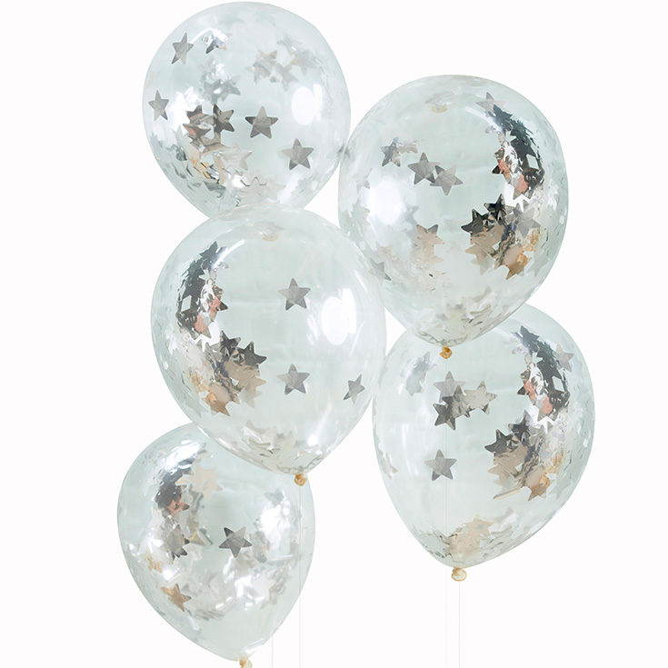 5 Silberkonfetti Ballons Sterne