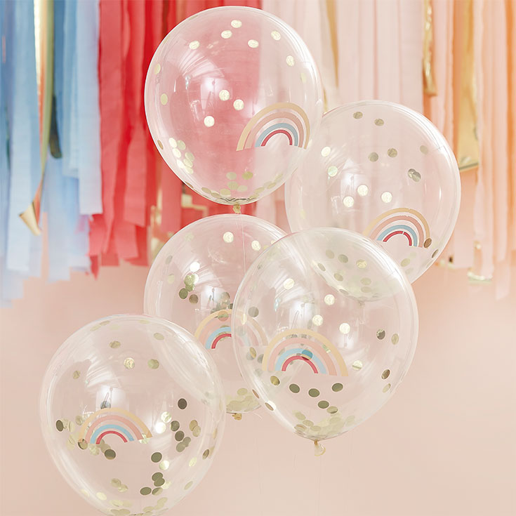 5 Rainbow & Gold Confetti Balloons