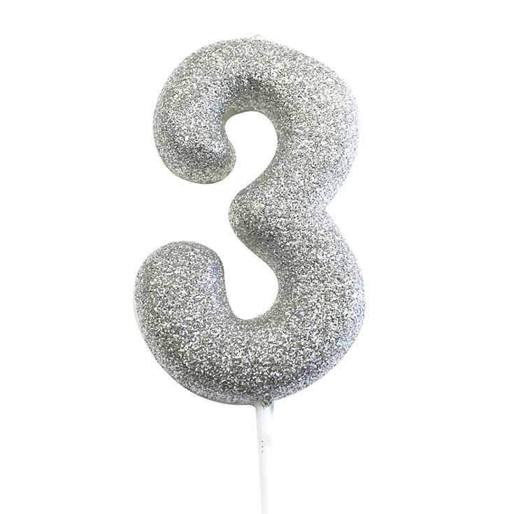Number Candle 3 - Silver Glitter