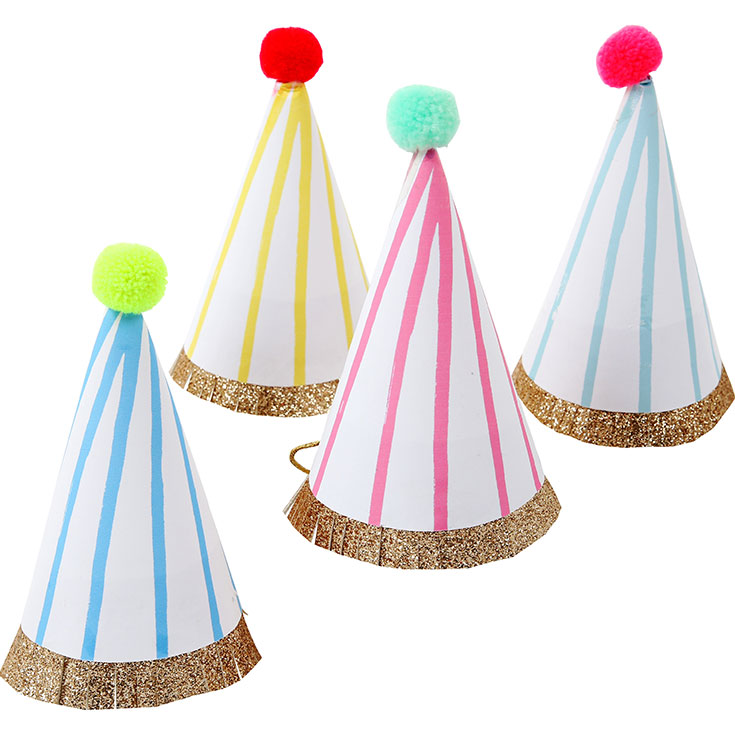 8 Mini Partyhüte mit Streifen & Pompoms