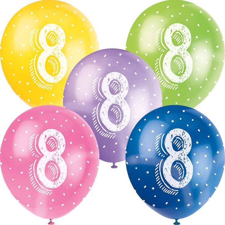 5 Assorted Age '8' Balloons 