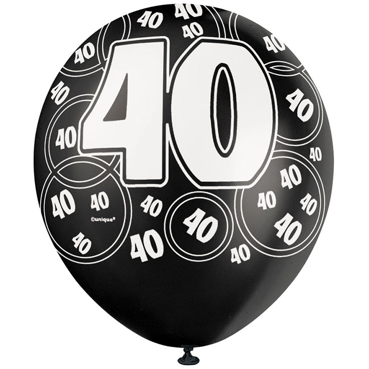 6 Black Glitz Age '40' Balloons