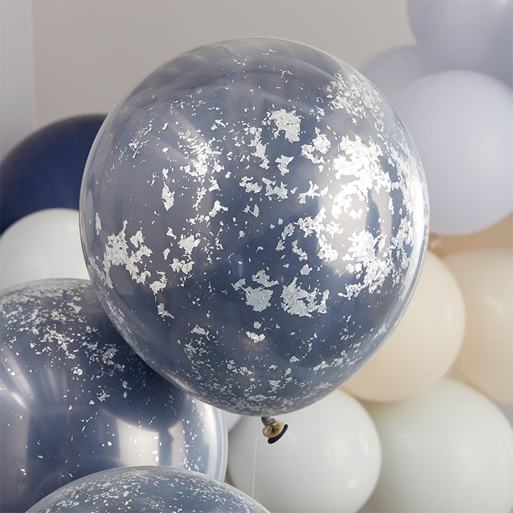 3 Double Layered Navy & Silver Confetti Balloons 