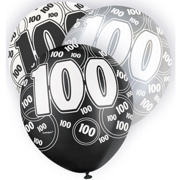 6 Black Glitz Age '100' Balloons
