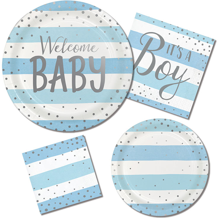 8 Blue Welcome Baby Plates