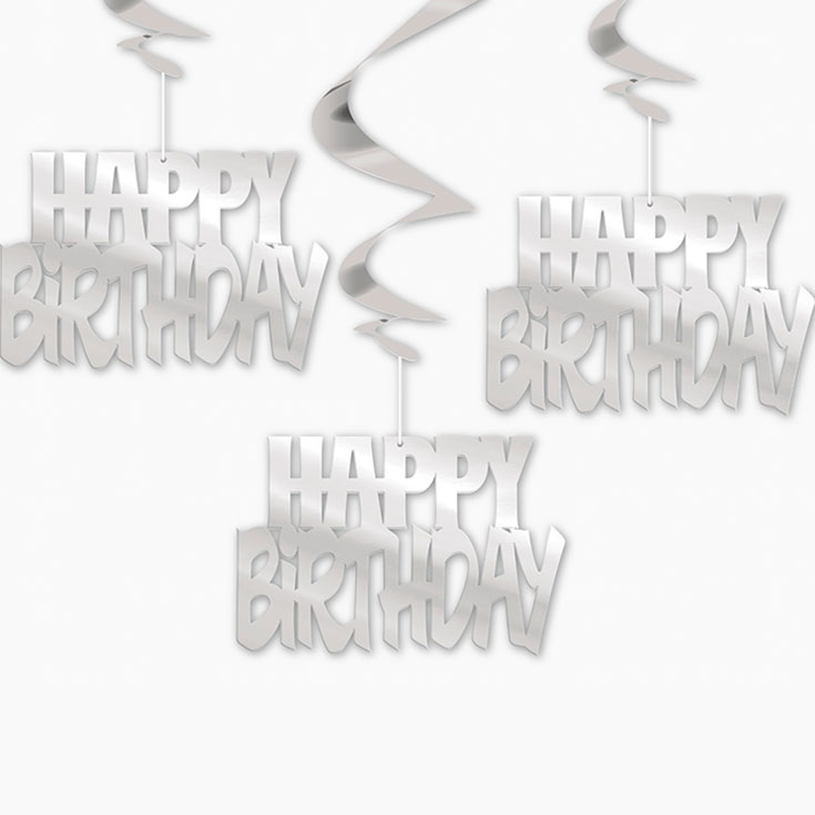3 Silver Happy Birthday Swirls
