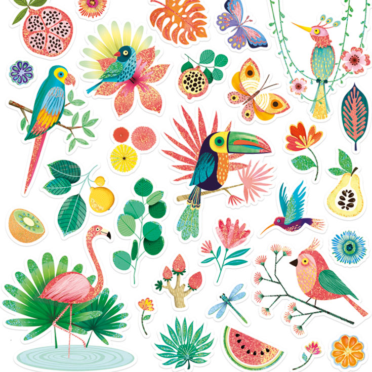 30 Tropical Birds & Flower Stickers