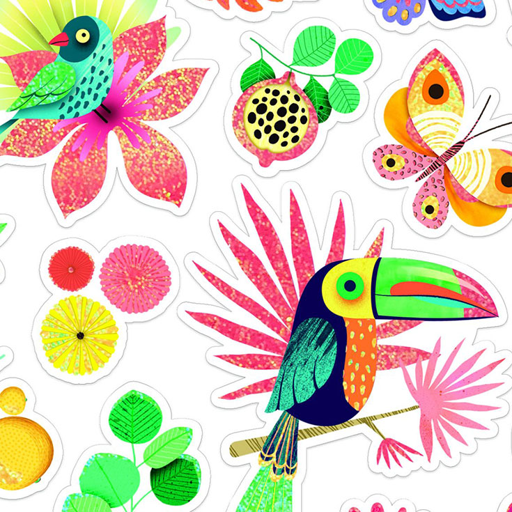 30 Sticker Paradiesvögel & Blumen
