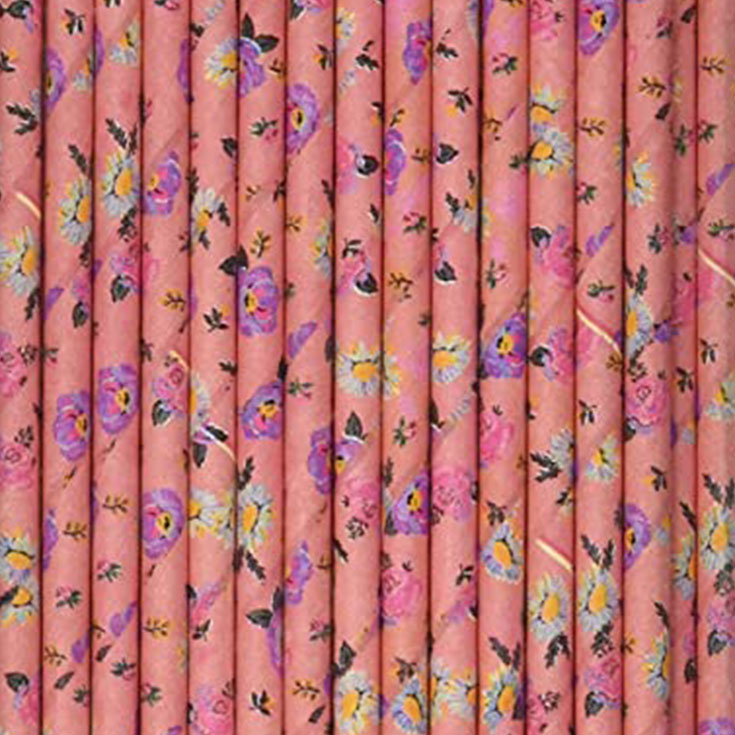 30 Pink Floral Straws