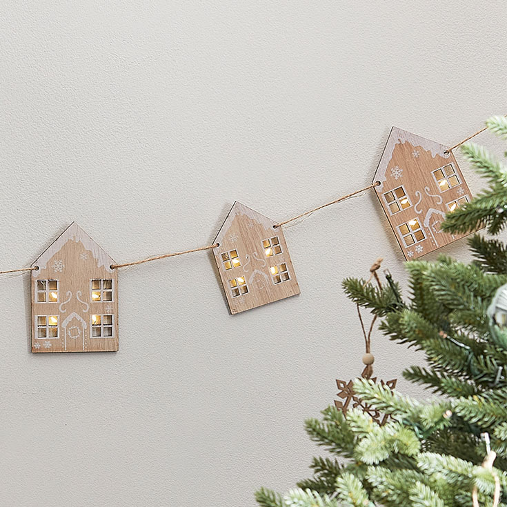 Wooden House Garland with Lights
