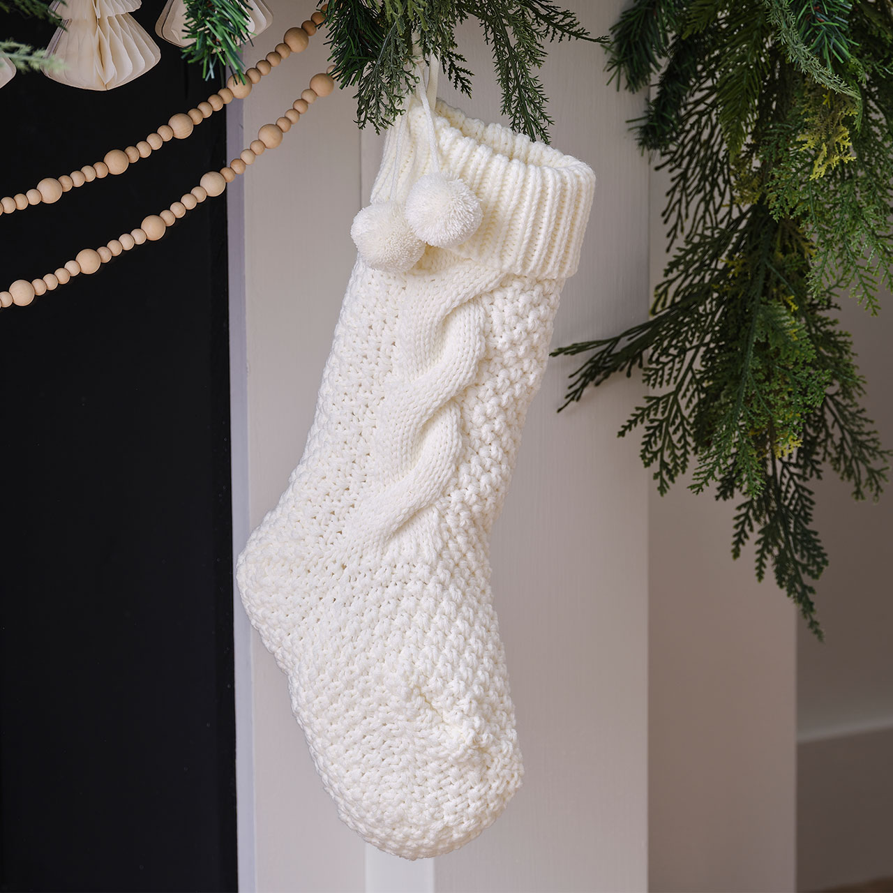Christmas Stocking - Cream with Pompoms