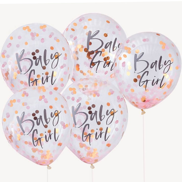 5 Pink Baby Girl Confetti Balloons 