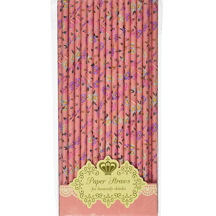 30 Pink Floral Straws
