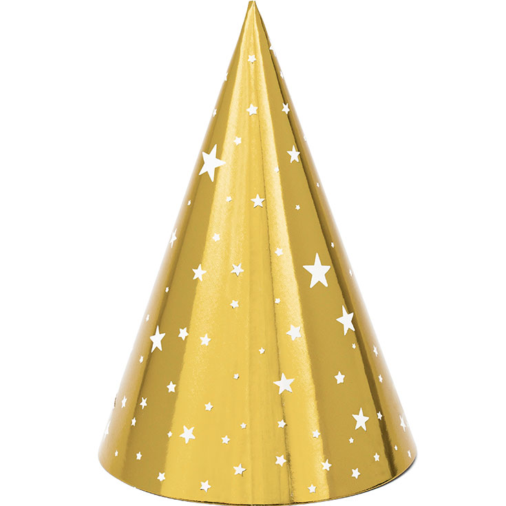 6 Partyhüte Gold & Weiße Sterne