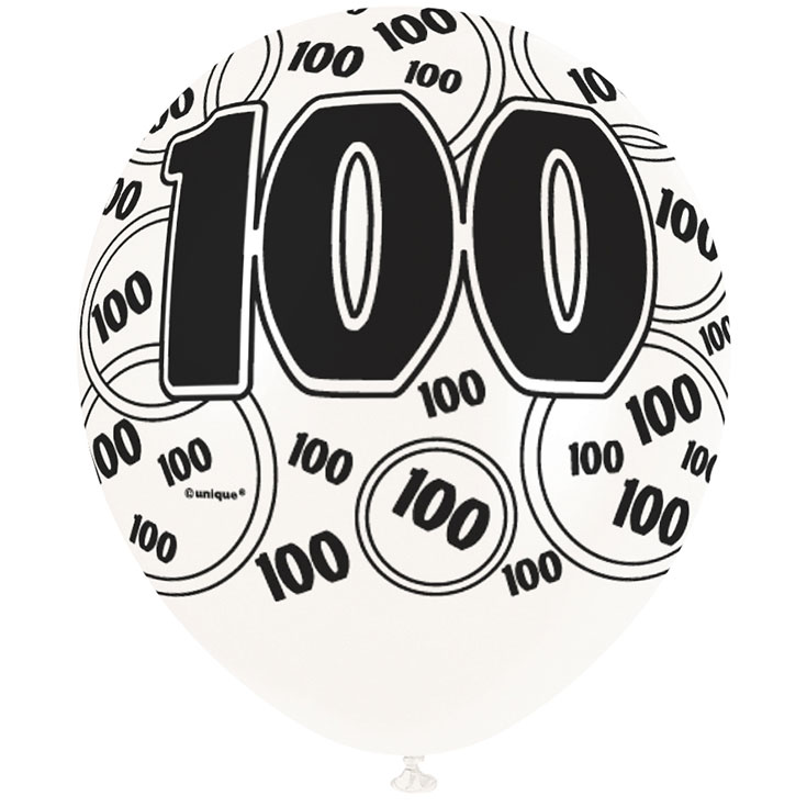 6 Black Glitz Age '100' Balloons