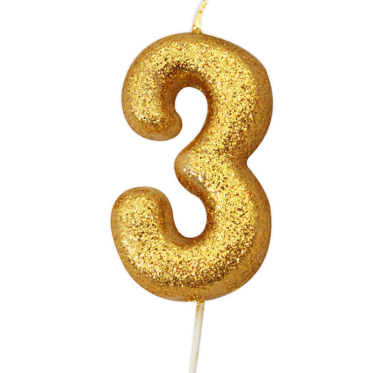 Number Candle 3 - Gold Glitter