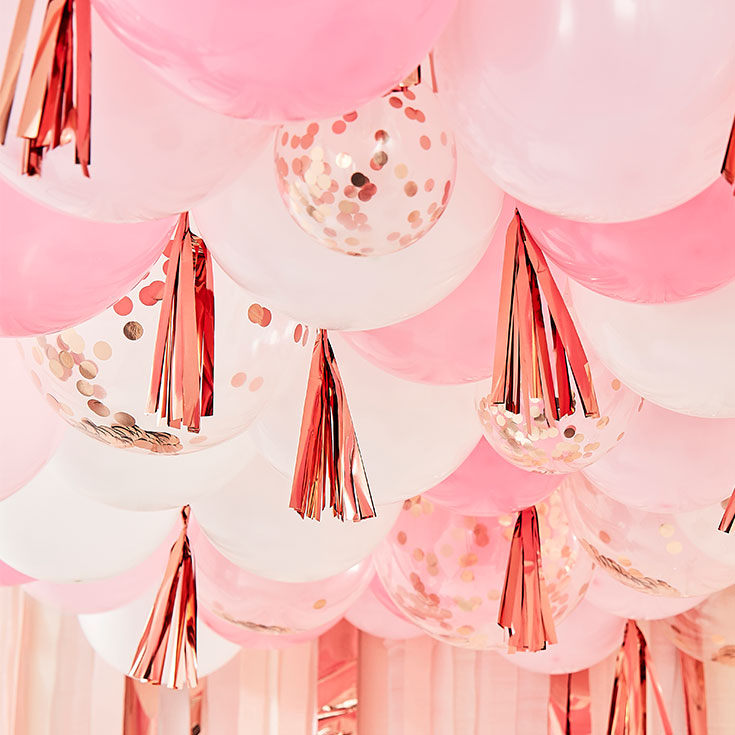 Blush, White & Rose Gold Ceiling Balloons with Tassels 