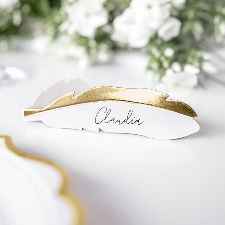 10 Gold Feather Place Cards