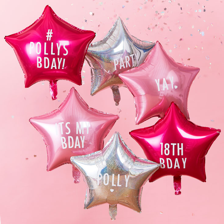 6 pinke & silberne Folienballons zum Personalisieren