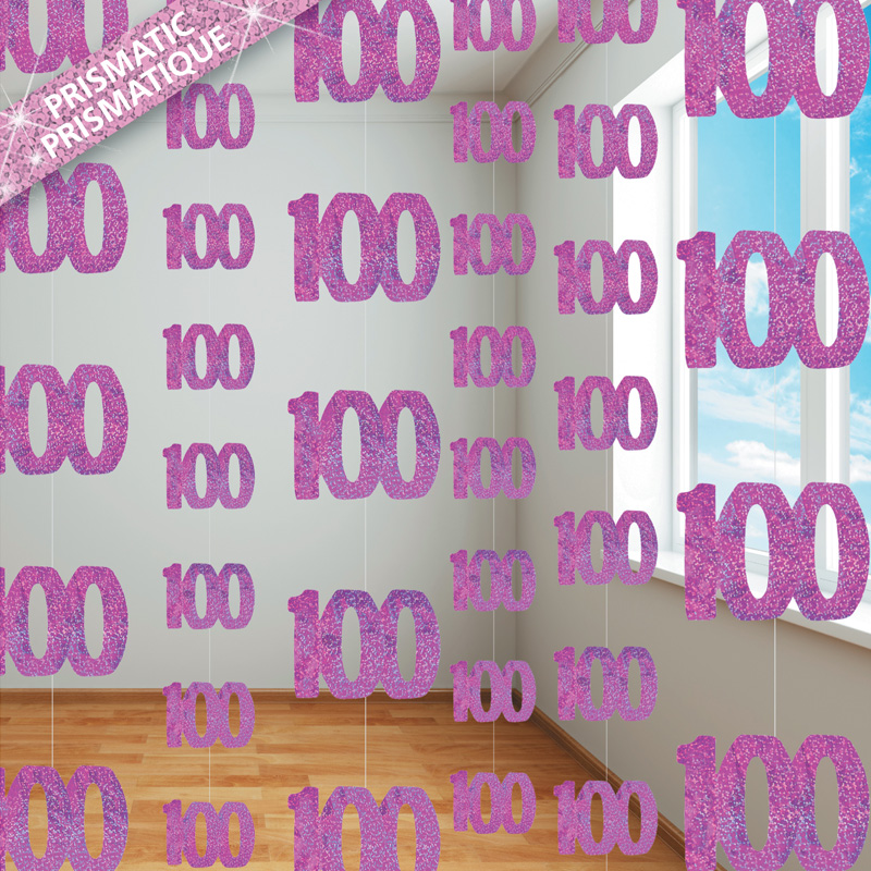 6 Pink Glitz '100' String Decorations