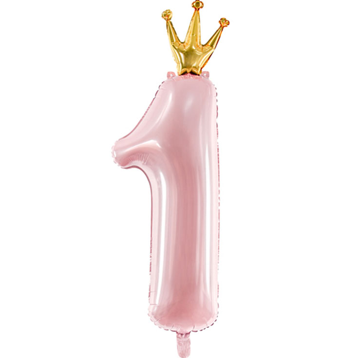 Foil Balloon Number 1 - Pastel Pink With A Crown - 90 cm