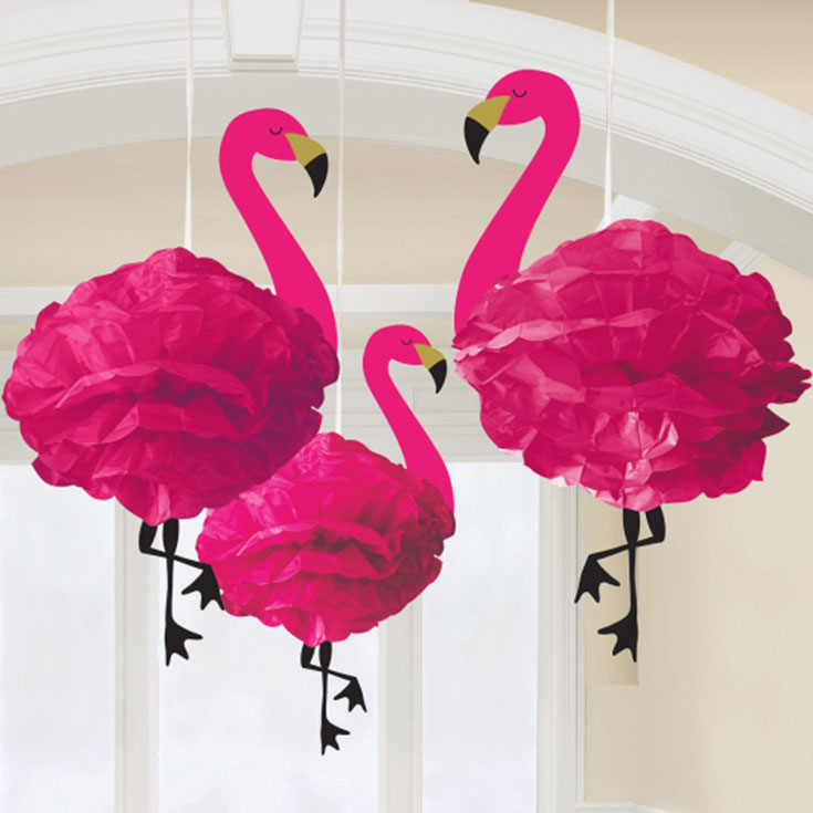 3 Flamingo Pompom Decorations 