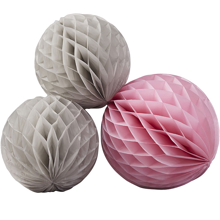 3 Grey & Pink Honeycomb Balls 