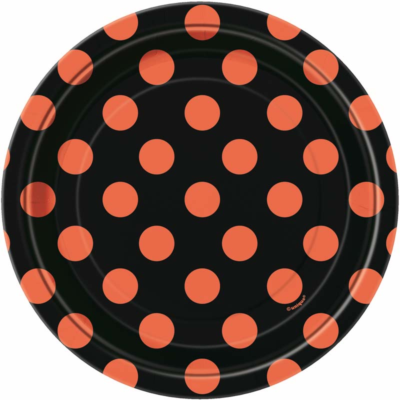 8 kleine Pappteller Orange & Schwarze Punkte