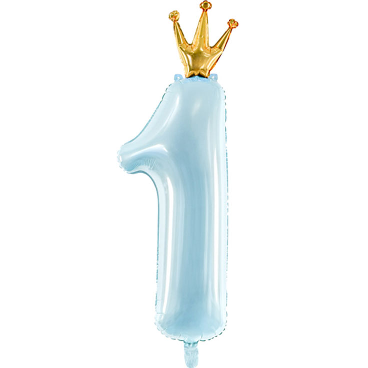 Foil Balloon Number 1 - Pastel Blue With Crown - 90 cm