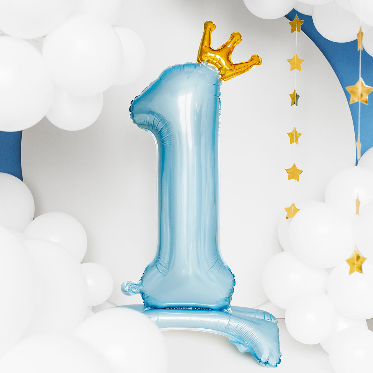 Zahlen-Folienballon 1 - Pastellblau mit Krone und Ständer - 84 cm
