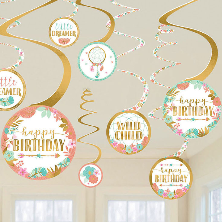 12 Boho Birthday Swirl Decorations