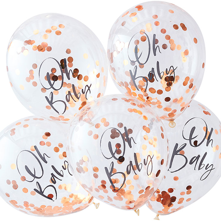 5 Rose Gold "Oh Baby" Confetti Balloons