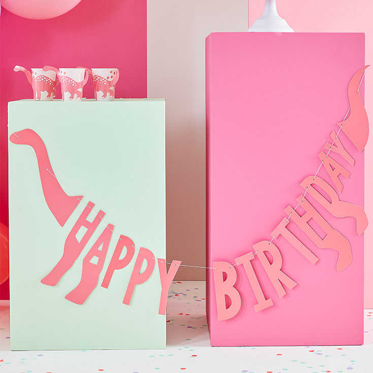 Pink Dino Happy Birthday Banner